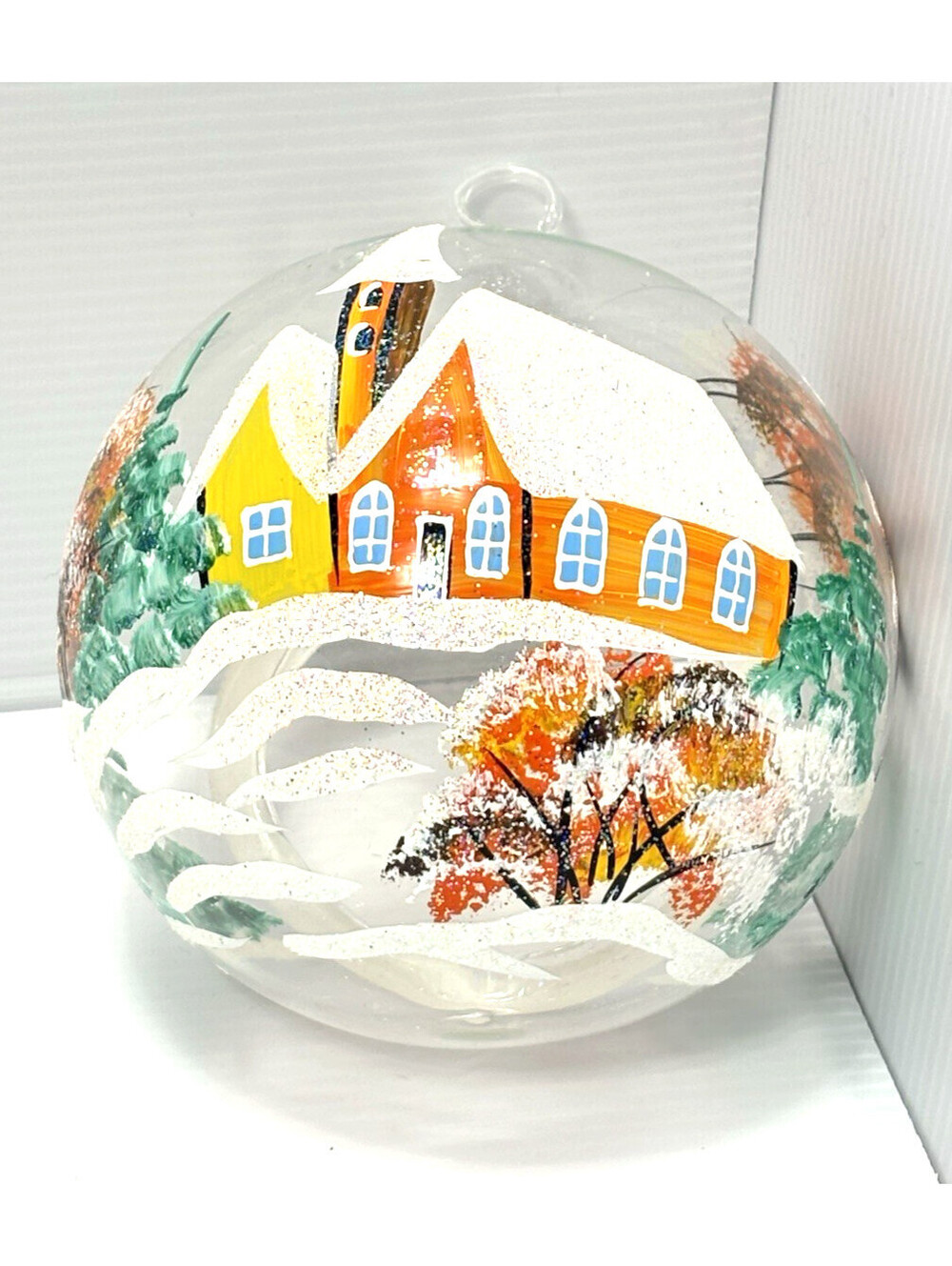 Hand Painted Glass Christmas Ornament Snow Covered Church Bauble No String